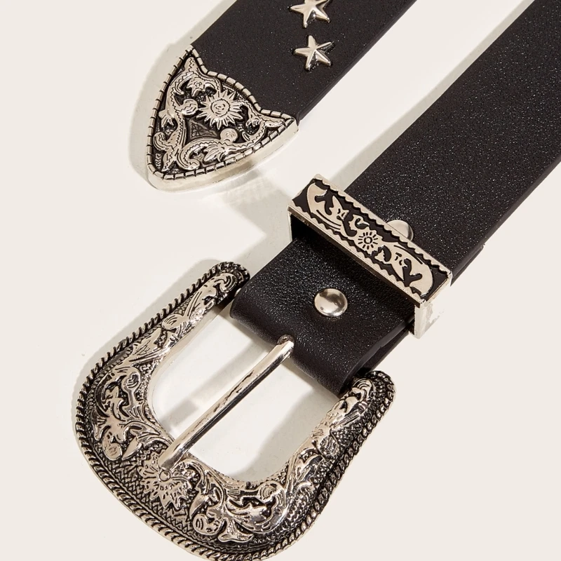 Waist Belt Engraved Buckle for Cowboy Cowgirl With Star Vintage Belt Hot Girl WaistChain Wide Sexy Oversize Belt