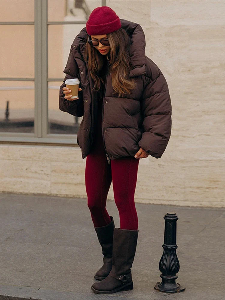 Damen-Wintermäntel mit Kapuze, Stehkragen, Taschen, gefütterte Jacken, Herbst-Damen-Laternenjacke mit langen Ärmeln, einfarbiger, voluminöser Mantel, neue Oberbekleidung. – Detail 9