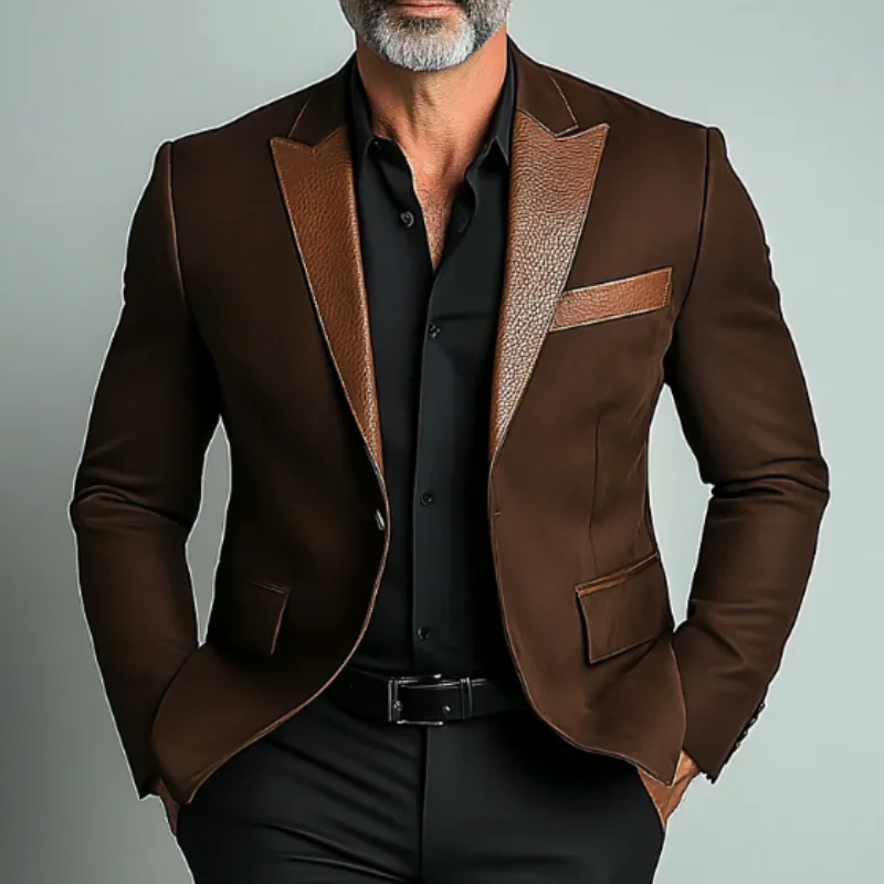 

Spring Autumn Fashion Long Sleeve Turn-down Collar PU Patchwork Solid Blazers Men's Clothing Korean Pockets Button Tops