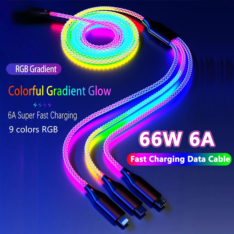 66W 3 IN 1 Flow Luminous Cable 6A Fast Charging Cable USB Type C Cable Micro USB Cable RGB LED USB C Data Cable