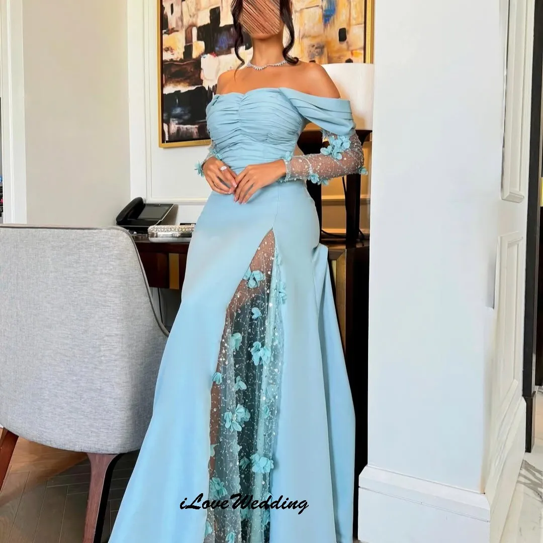 فساتين سهرة مخصصة باللون الأزرق قبالة الكتف 2025 أنيقة مطوي للنساء فستان الحفلات ثلاثية الأبعاد زهرة الدانتيل فساتين رسمية للنساء