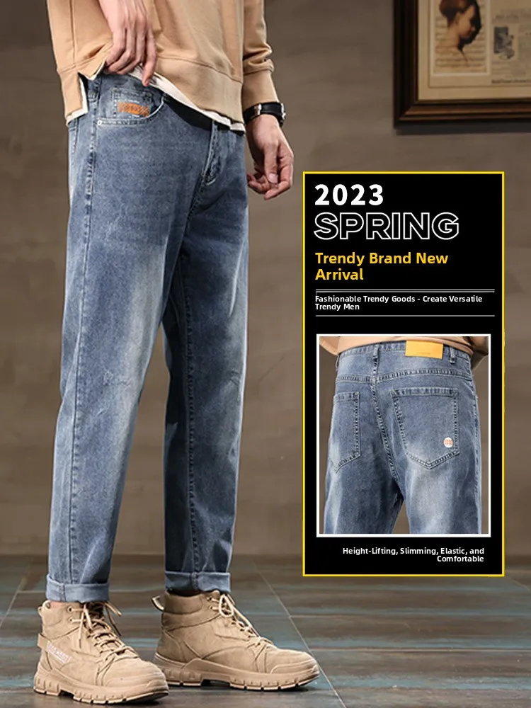 

Синие свободные прямые джинсы для мужчин, удобные, модные, осенние, длинные брюки, молодежный стиль, смесь хлопка, полиэстера и спандекса