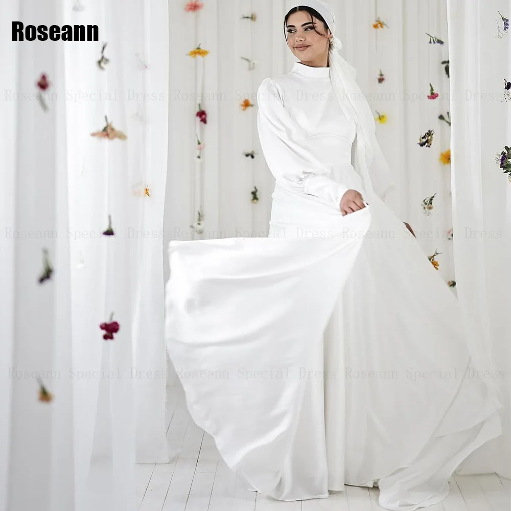 

Muslim 2024 New Design A-line Wedding Dresses Satin High Collar Vertically Draped Pleat Floor Length Bride Dress robe de mariée