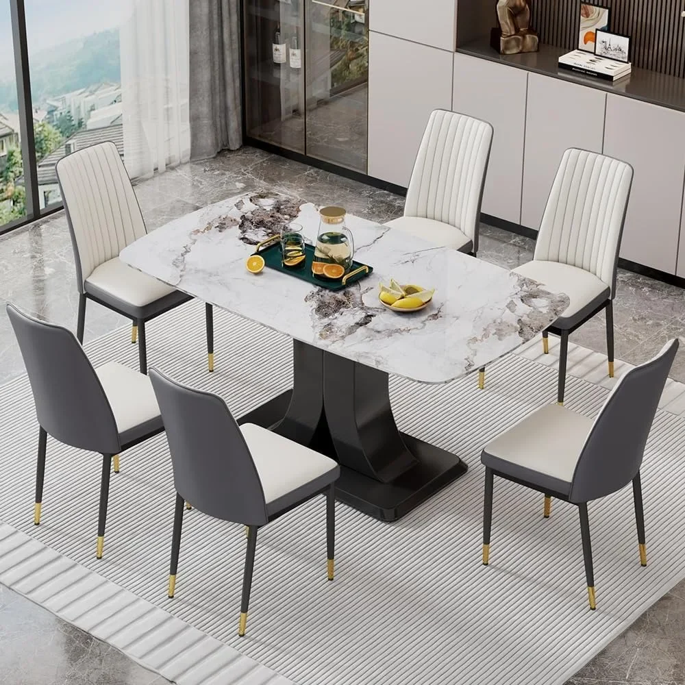 

7 Piece Dining Table, Rectangular Kitchen Table with 6 Pu Leather Upholstered Chair for Dining Room，Marble Table Chair Set for 6