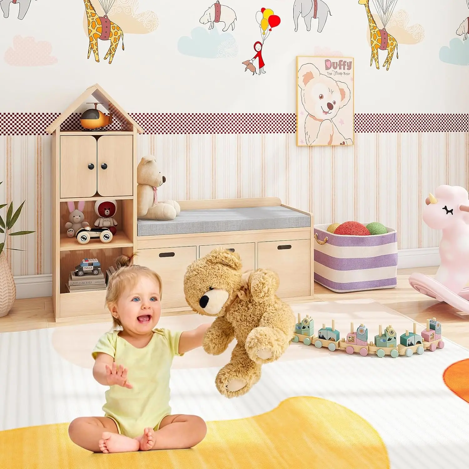 Kids Bookcase And Bookshelf With Reading Nook, Multifunctional Bookcase With 3 Open Storage Cubbies And 3 Drawers, Bookcase