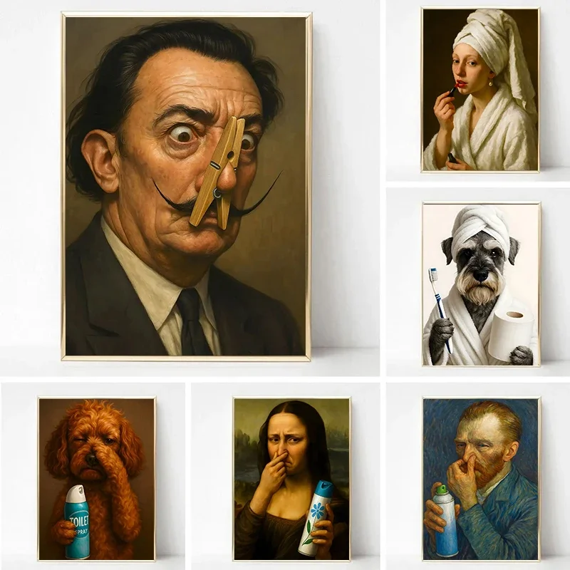 (2D Canvas painting) Salvador Dali Mona Lisa Funny Bathroom Toilet Portrait Poster Cockapoo Dog Canvas Painting Print Wall Ar