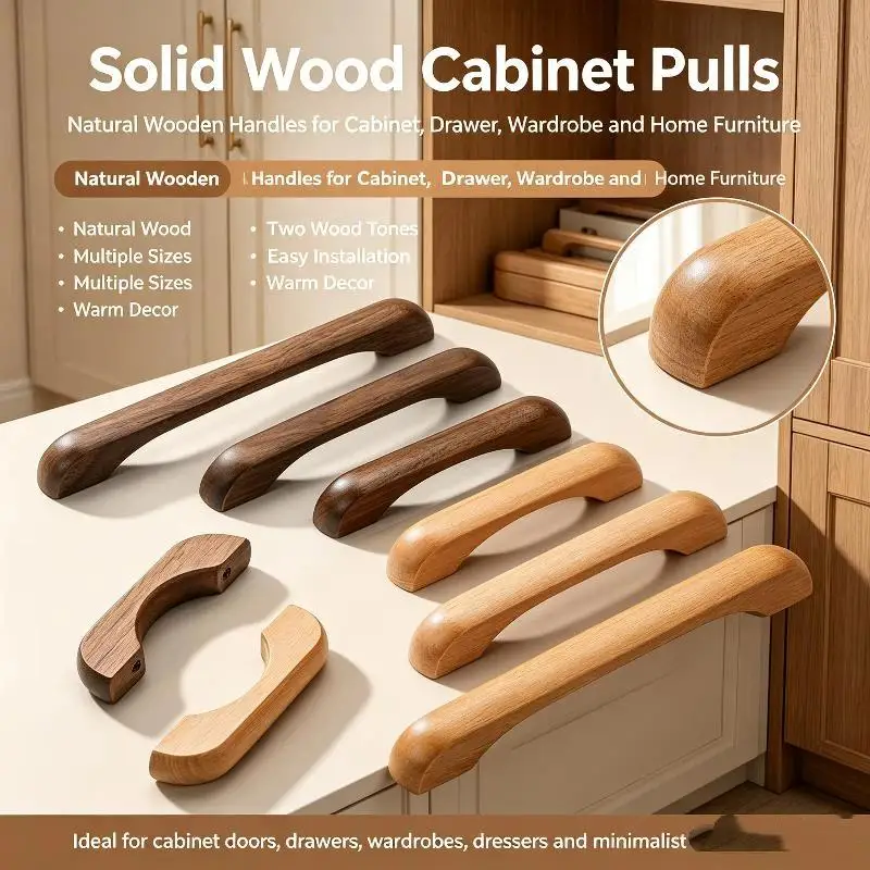 Natural Kitchen Furniture Wooden Handle Solid Wood Handles For Cabinets And Drawers Closet Dresser Wardrobe Pulls