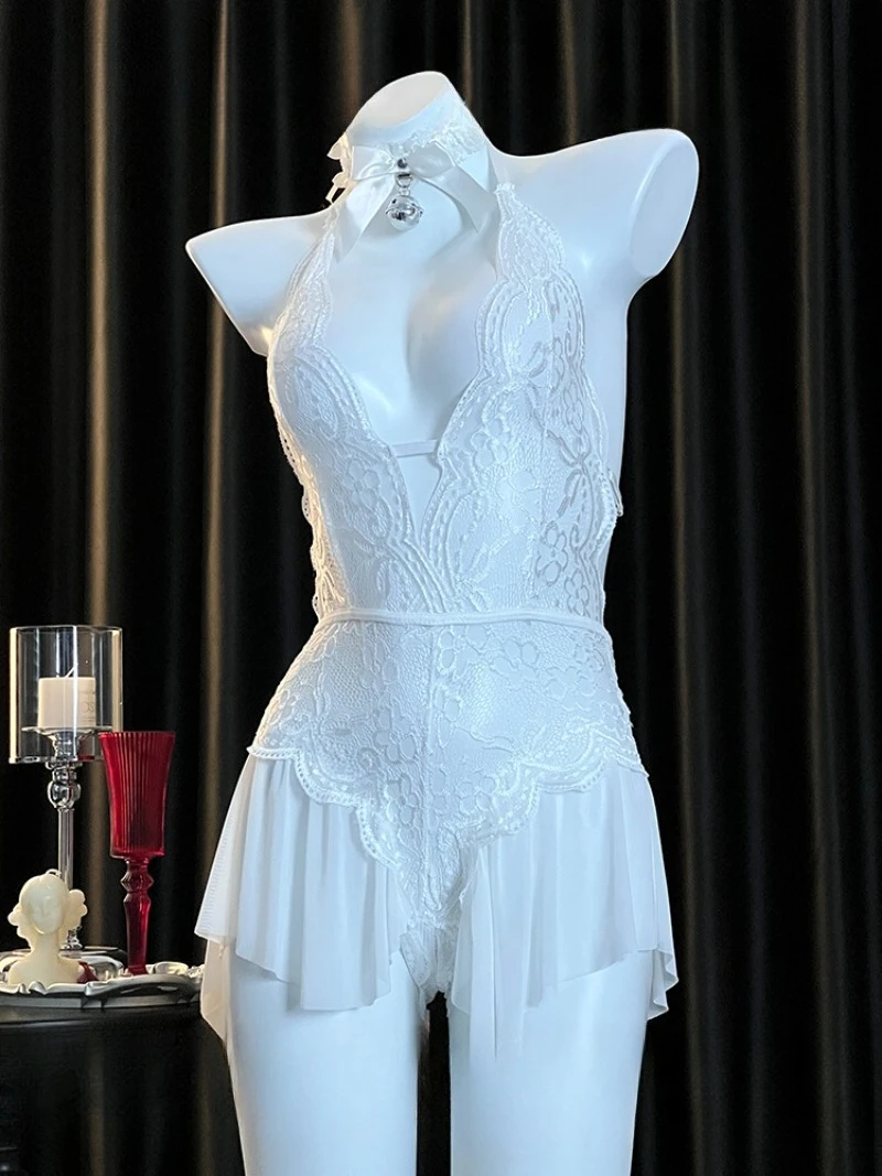 Uwodzicielska i zmysłowa sukienka z koronkowymi wycięciami dla kobiet, odkryte plecy, głęboki dekolt w kształcie litery V, wiązana na szyi, jednoczęściowa, idealna na namiętną noc.