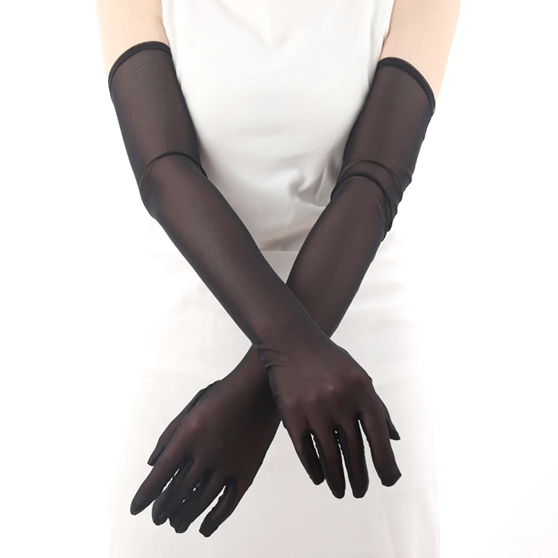 Guantes largos transpirables de malla de tul para mujer, manoplas Anti-UV para conducir, elegantes y sexys, de encaje fino y elástico, color negro