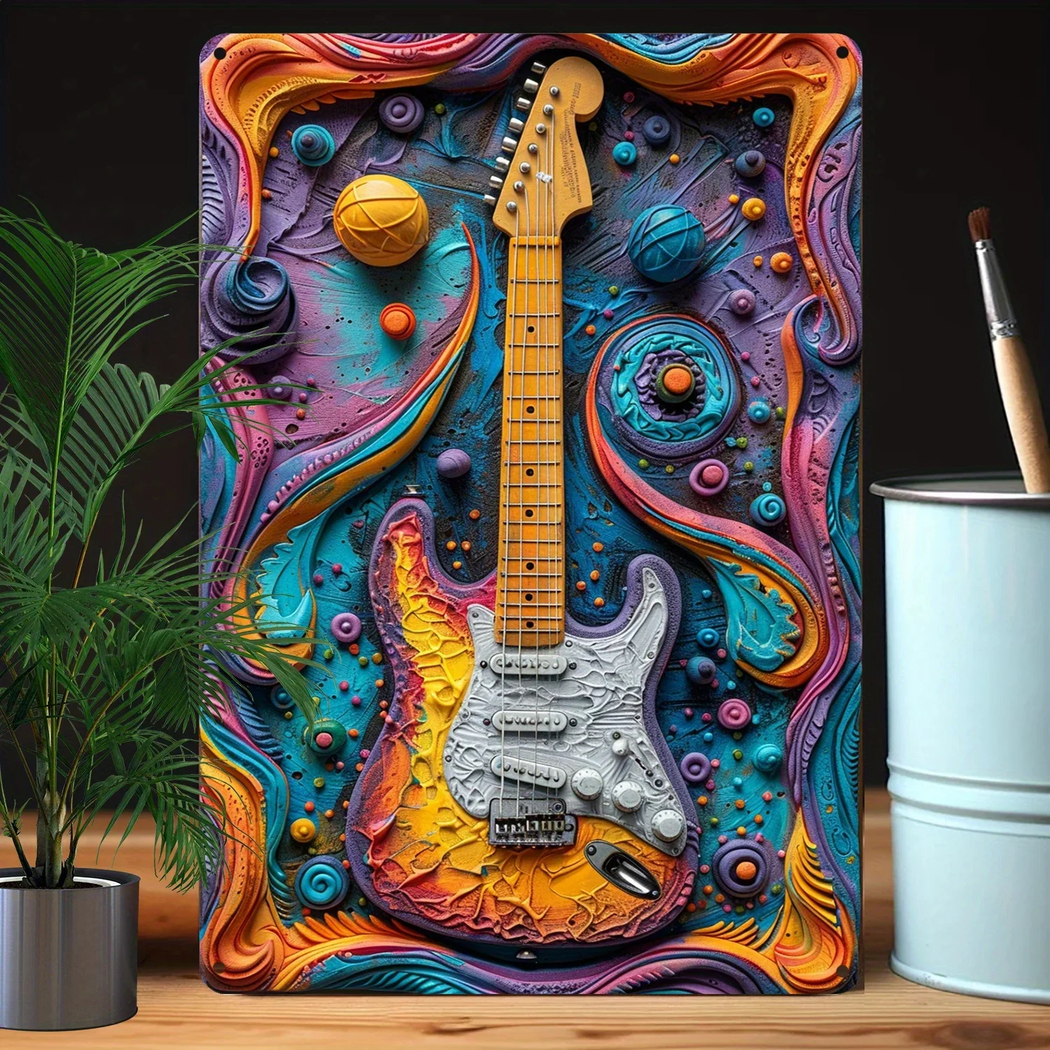 1Pc 3D-Look Electric Guitar Aluminum Metal Sign Wall Art Moisture Resistant Bend Resistant for Studio Decor Rock Music Themed