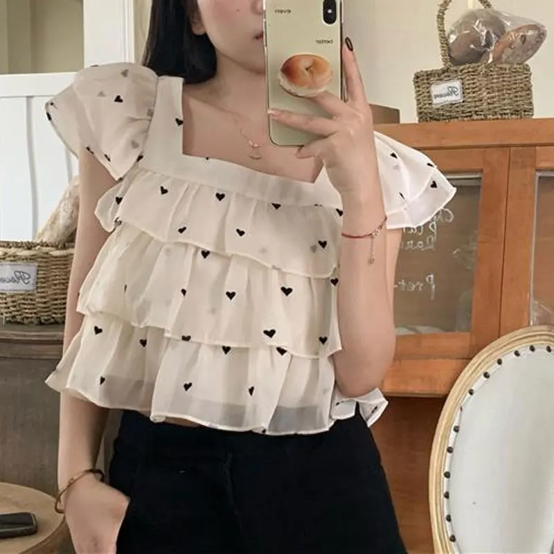 

Sweet Heart-shaped Printed Shirt Summer Flying Sleeve Women's Clothing Stylish Ruffles Elegant Square Collar Drawstring Blouse