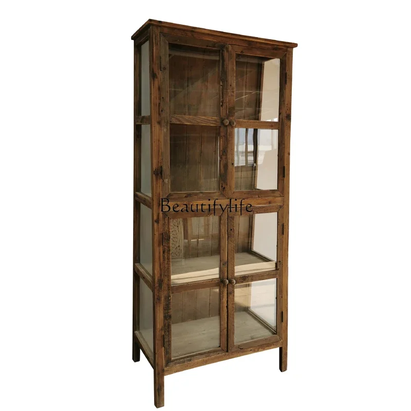 

05-ls 18Vintage Distressed Solid Wood Sideboard Glass Display Storage Cabinet