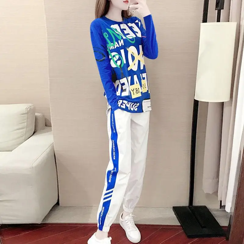 Women's Spring Autumn 2024 New Casual Suit Korean Loose Stylish Long Sleeve Crop Top And Pants 2 Two Piece Sports Set For Women