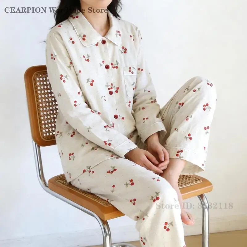 

Sweet Cherry Pajama Set Spring Autumn Cotton Sleepwear Long Sleeved Trouser Pyjamas Suit Loungewear Loose Casual Home Clothes