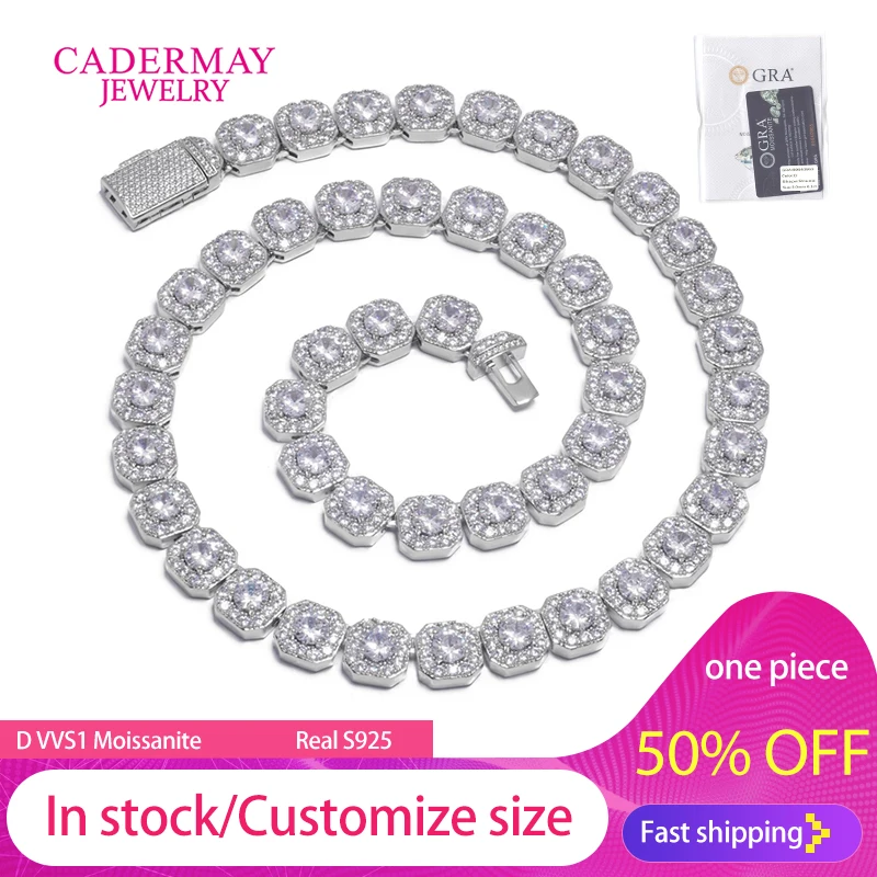 Cadermay HipHop Jewelry Special Fancy Square Clustered 10mm 12mm White Halo Diamonds Bracelet D VVS1 Moissanite Tennis Chain