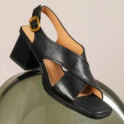 Large size 34-42 women's genuine leather cross strap 2024 summer new sandals 6cm thick med heels open toe OL style heeled shoes