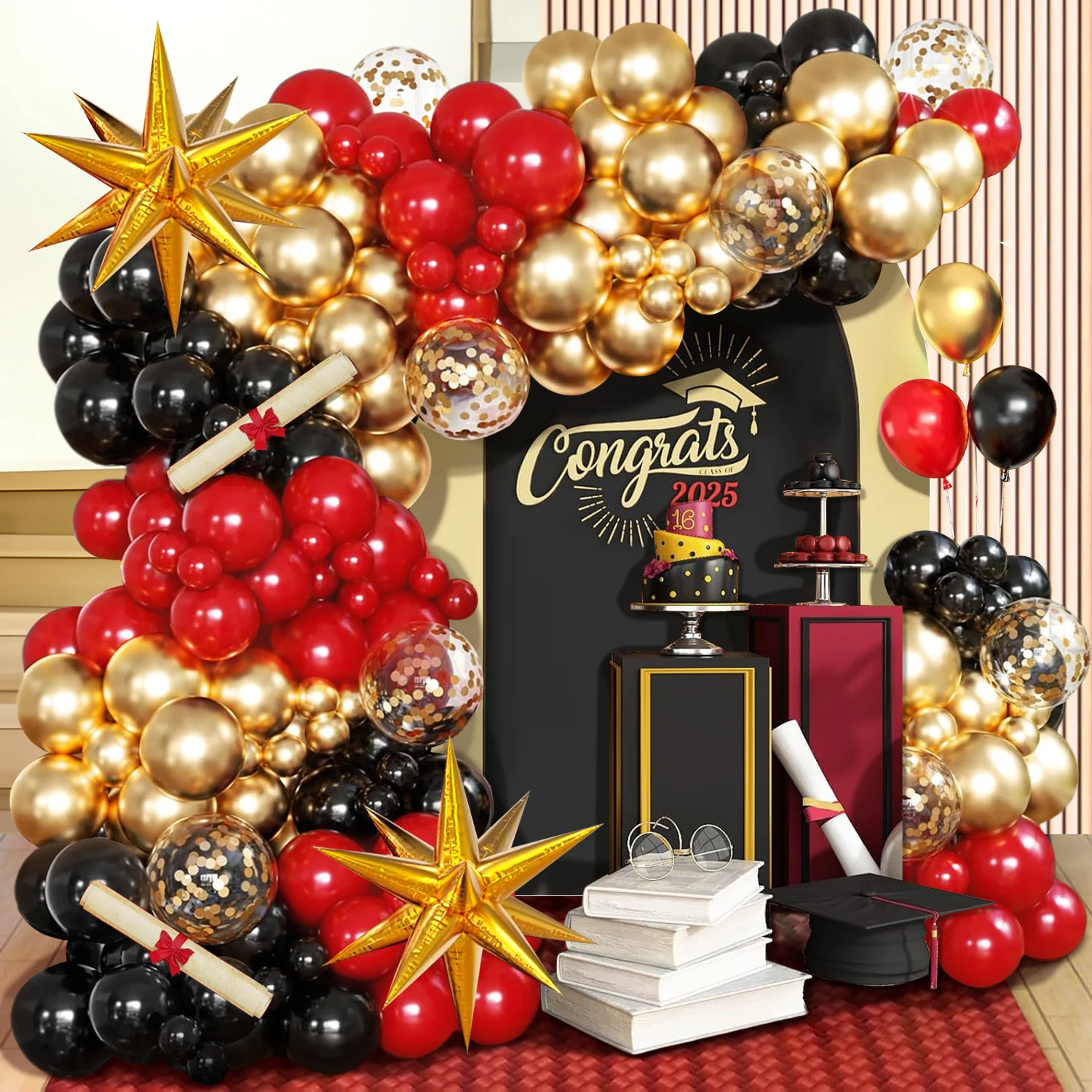 114-teiliges Rotes, Schwarzes und Goldenes Ballon-Bogen-Girlanden-Set, mit Goldener Explodierender Stern-Aluminiumfolienballons, Geeignet für Abschlussfeier
