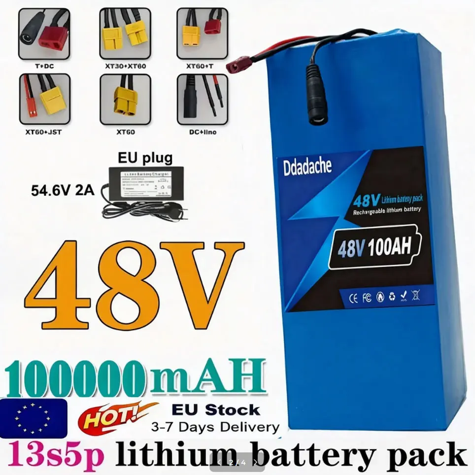 Batterie au lithium 13S5P 48V 100Ah avec BMS et chargeur 54,6V 2A, pour vélo, scooter, outil de mobilité 500W-1000W, rechargeable 18650