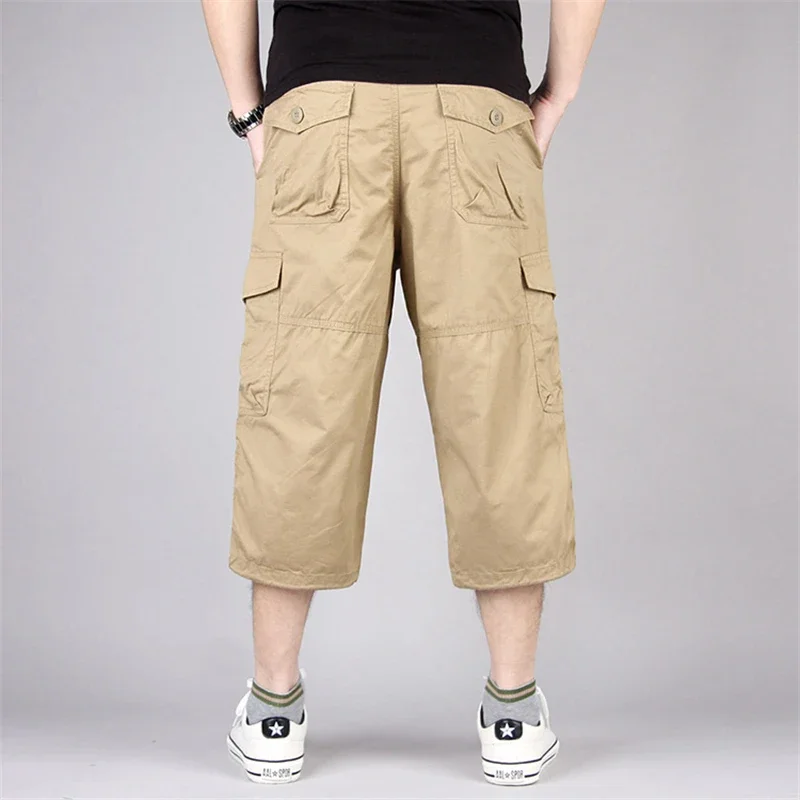 Long Length Cargo Shorts Men Overalls Cotton Multi Pocket Capri Pants Hot Breeches Tactical Military Shorts Plus Size E6065