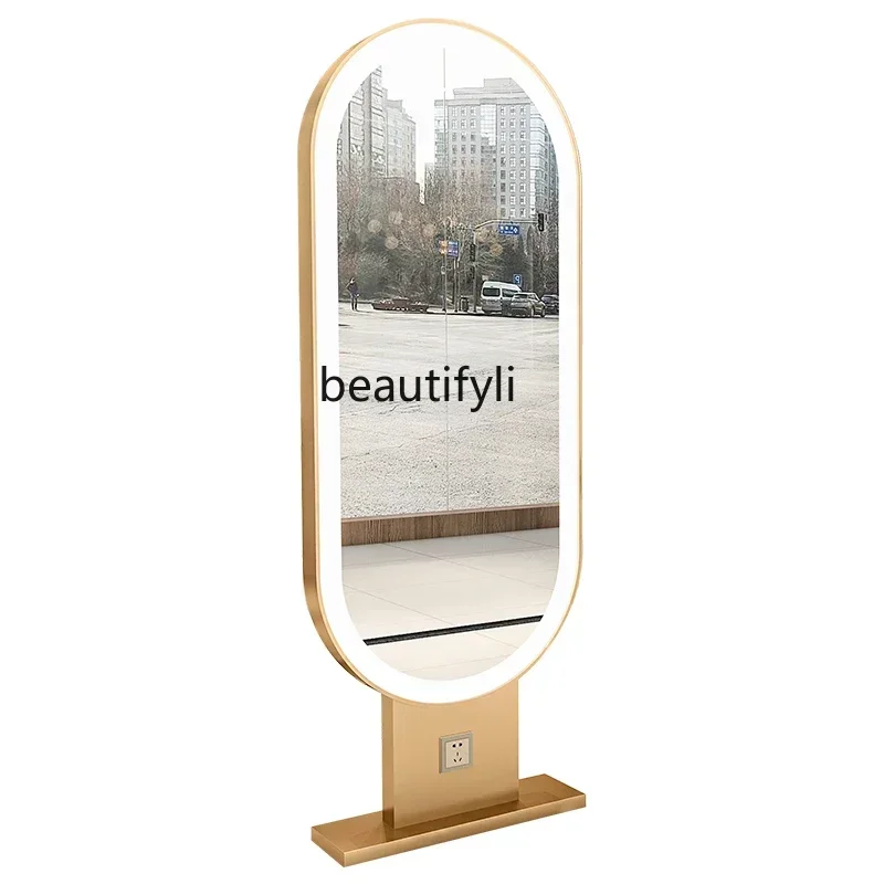 

Yy Barber Shop Mirror for Hair Salon Floor Hairdressing Mirror with Light Single Double-Sided Dressing Table Hair Cutting