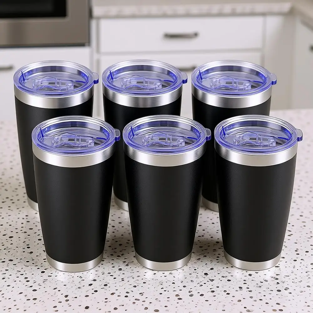 

20oz Vacuum Insulated Double Wall Travel Coffee Mug, Powder Coated Black 6 Pack