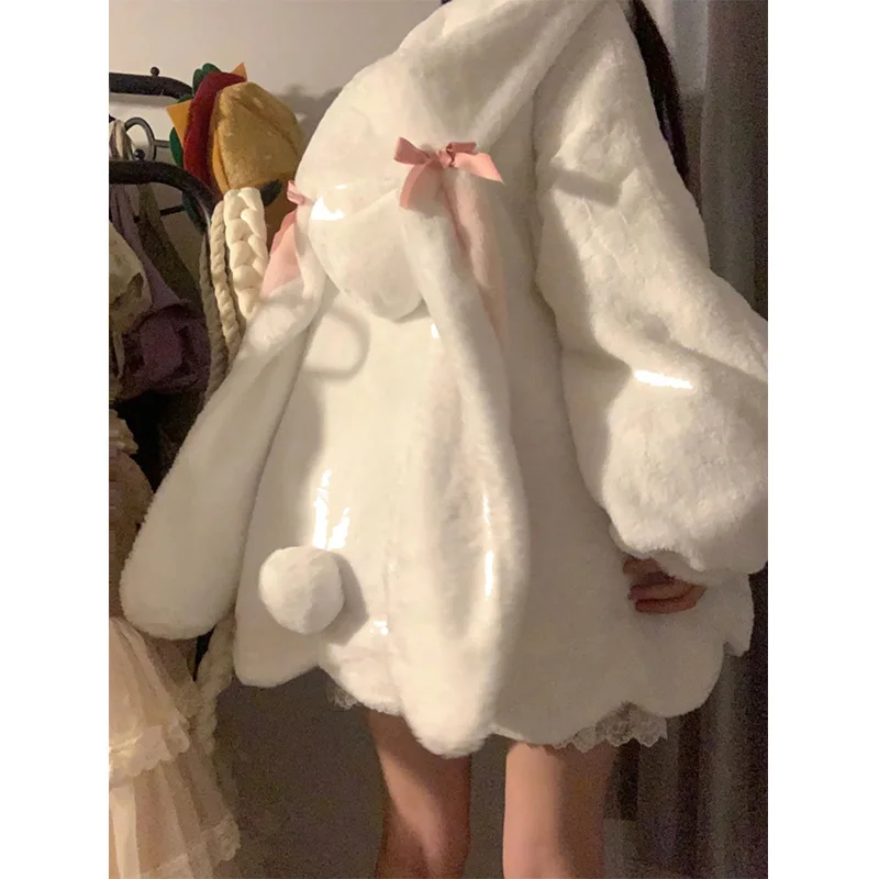 Abrigo peludo japonés con Orejas de conejo para mujer, chaqueta acolchada de algodón con forro polar de invierno, abrigos de piel con diseño de botones de cuerno