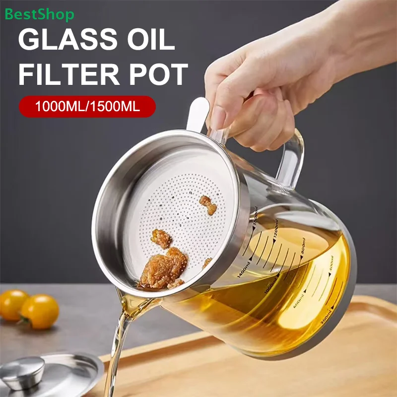 

♥1/1.5L Glass Oil Filter Pot with Strainer - Stainless Steel Oil Storage Container for Kitchen