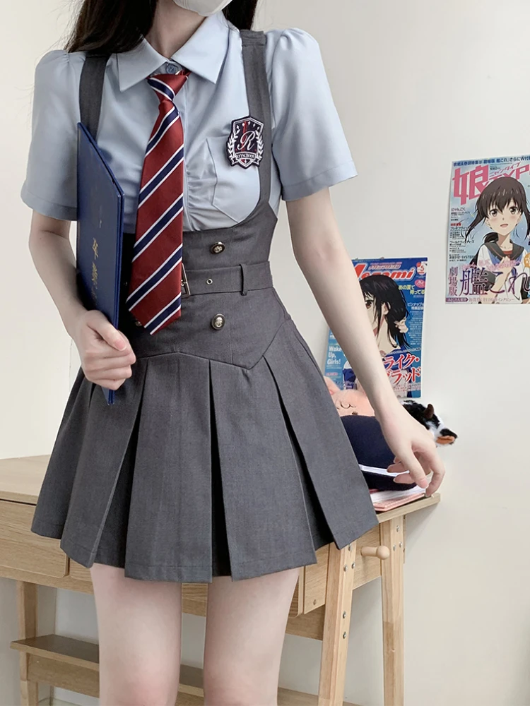 Japanese Preppy Style Uniform Suspender Dress Sets Polo Collar Blue Shirt High Waist Slim-Fit Pleated Dress Two-Piece Set Women