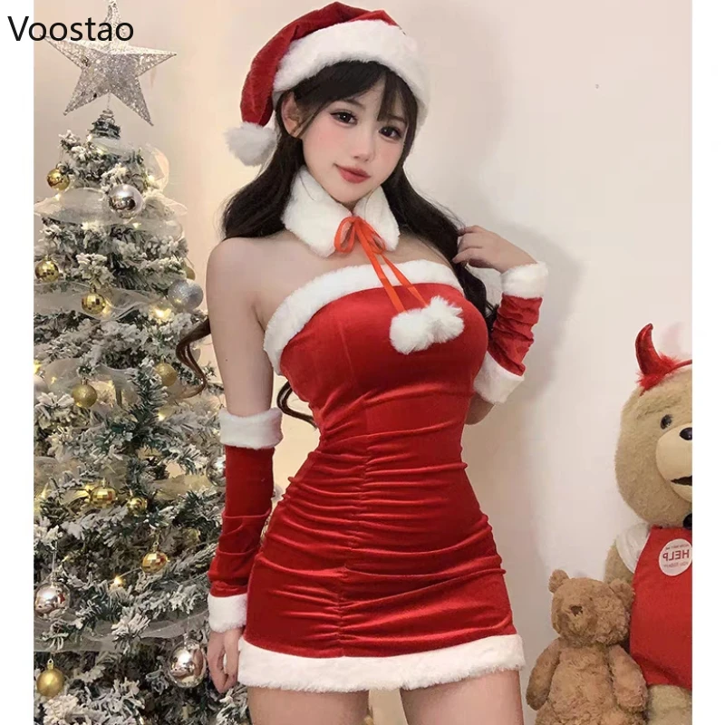 Autumn Winter Christmas Red Dress Women Sexy Plush Patchwork Slim Party Mini Dress Set Female Velvet Super Short Skirt With Hat