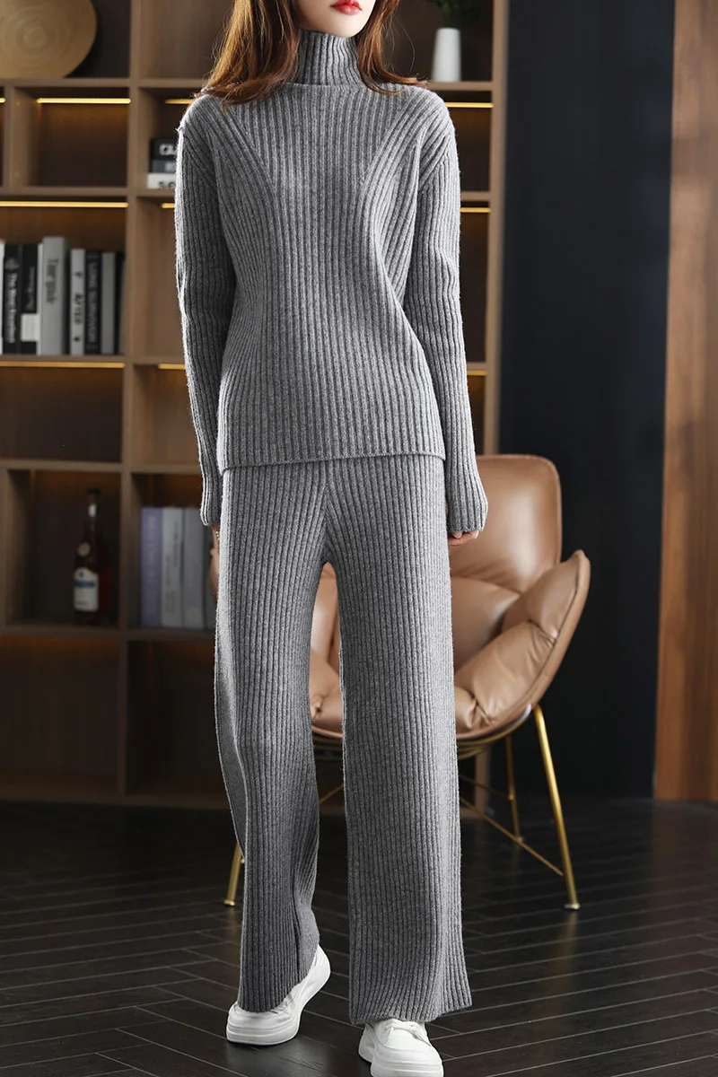 

Autumn Winter 100% Merino Wool Woolen Trousers Suit High Neck Pullover Sweater Cashmere Basic Long Sleeve Soft Fashion Clothes