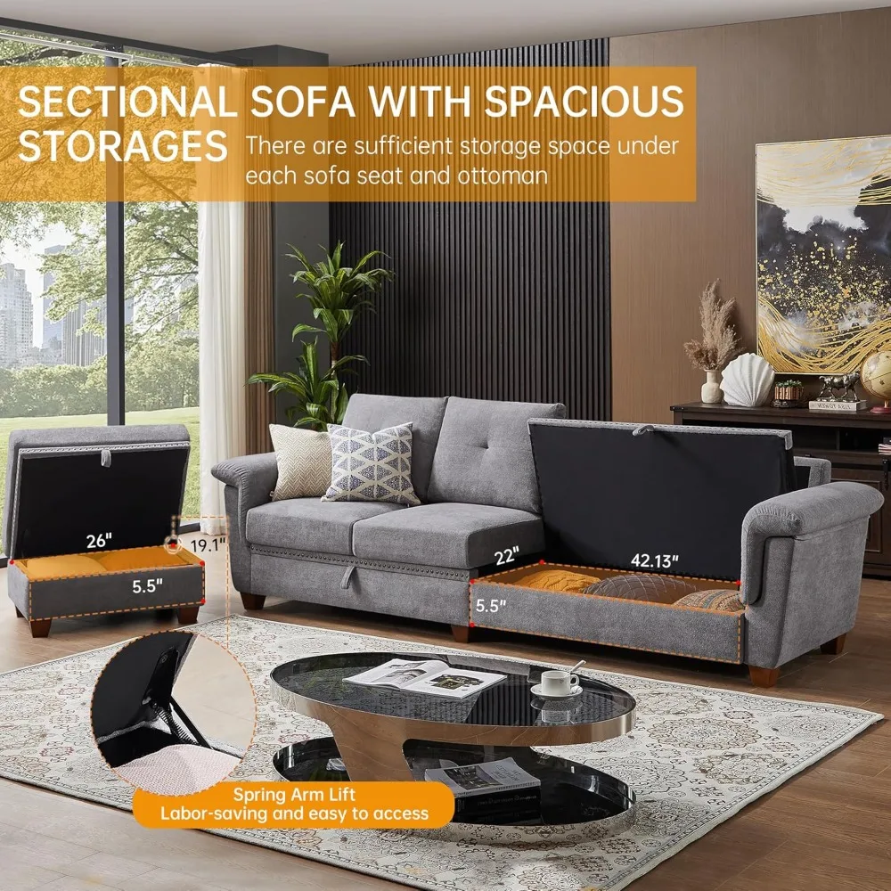 أريكة مقطعية قابلة للتحويل مع مساحة تخزين، أريكة على شكل حرف L مع كرسي وحامل أكواب، أريكة حديثة من قماش الألياف الدقيقة #3