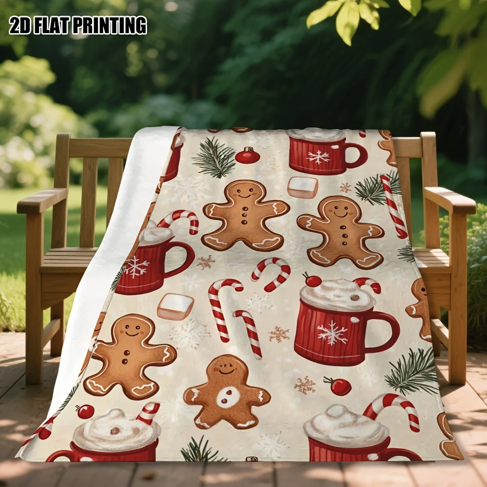 Christmas Gingerbread Cocoa Flannel Throw Blanket - Soft Warm All-Season Red & White Gingerbread Men, Candy Canes & Snowflakes D