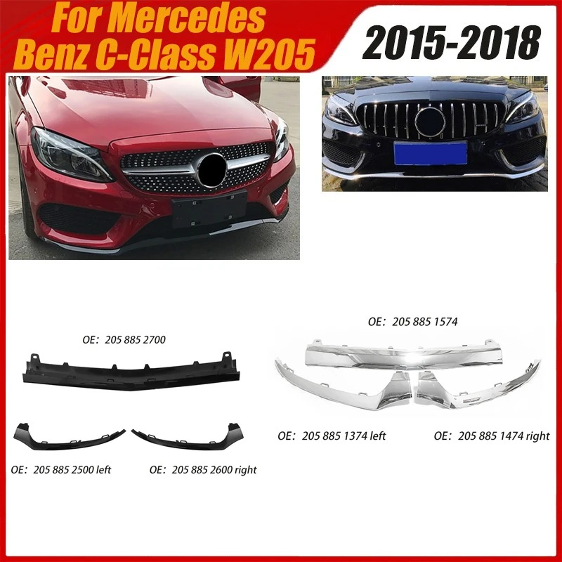 

For Mercedes Benz C-Class W205 2015-2018 Front Bumper Spoiler Diffuser Chrome Plated Bright Decorative Strip Protection Guard