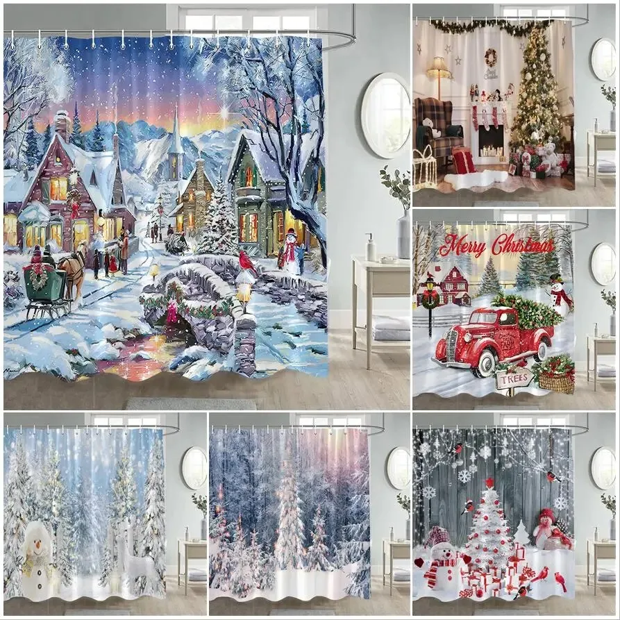 

Winter Christmas Shower Curtain Funny Snowman Xmas Trees Fireplace Truck Forest Snowy Scene New Year Holiday Home Bathroom Decor