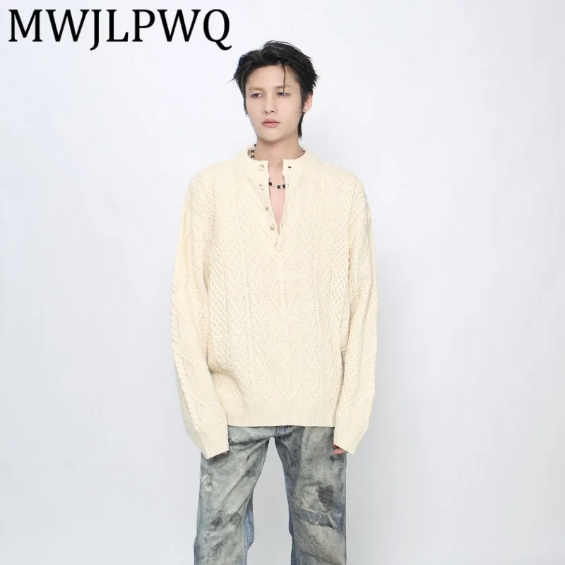 

MWJLPWQ American Retro Knitted Collar Sweater For Men Autumn Winter Lazy Style Button Design Casual Loose Handsome Tops 21715