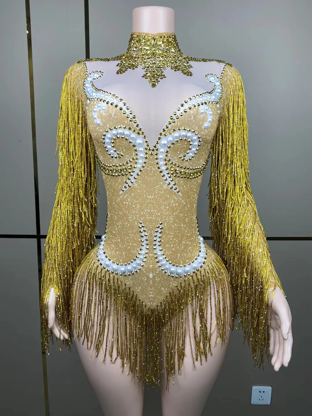 

Gold Tassel High collarSleeve Fringe Bodysuit Evening Dress Drag Queen Club Party Birthday Special Ocassion Sexy costume rave