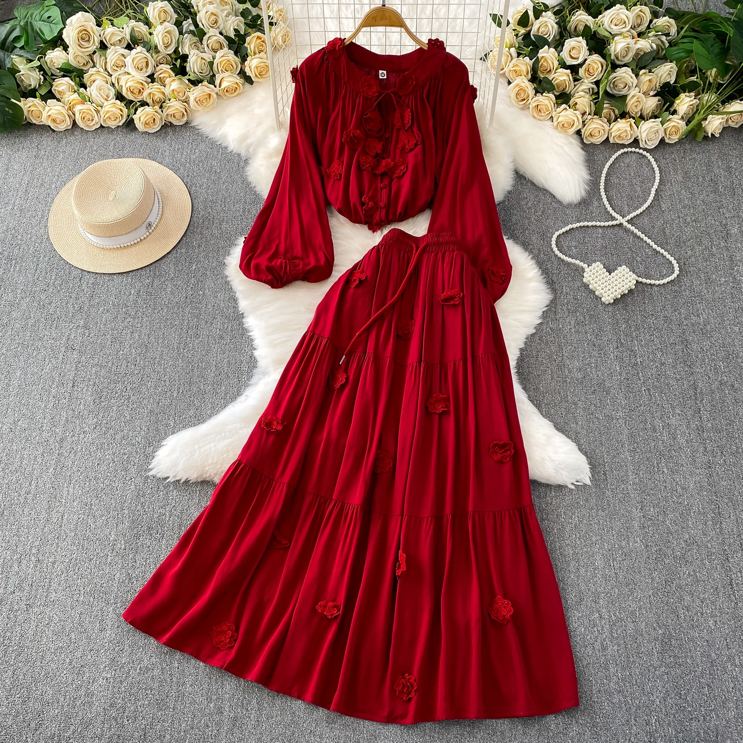 

Chic vintage Three-dimensional long sleeve slim Elegant Fairy korean fashion Boho women clothing Long dress