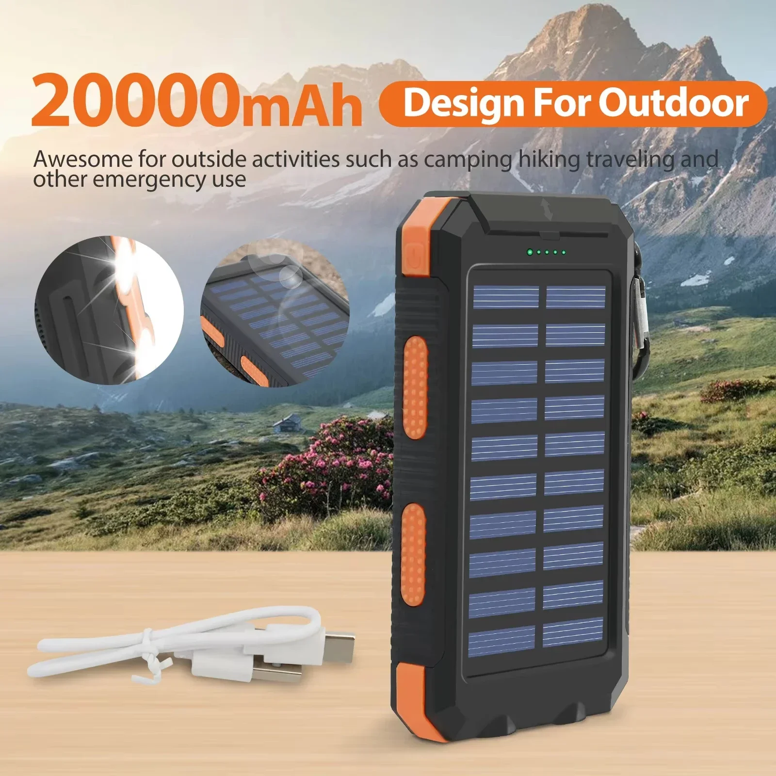Waterproof Solar Power Bank 20000mAh Fast Charging Portable Charger External Battery for iPhone Samsung Huawei Xiaomi Power bank