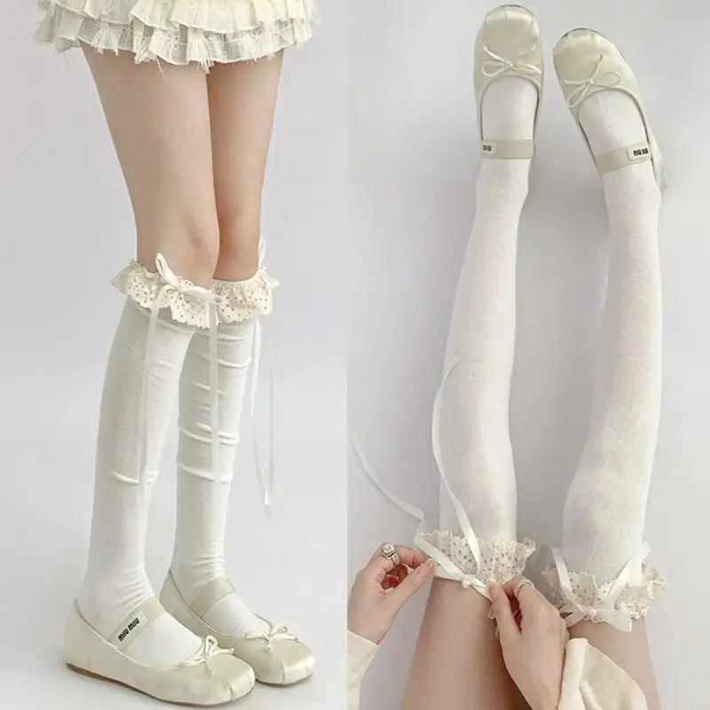 195E Lolitas Kniestrümpfe, süße, dünne, transparente, oberschenkelhohe Socken, Ballett-Rüschenstrumpf