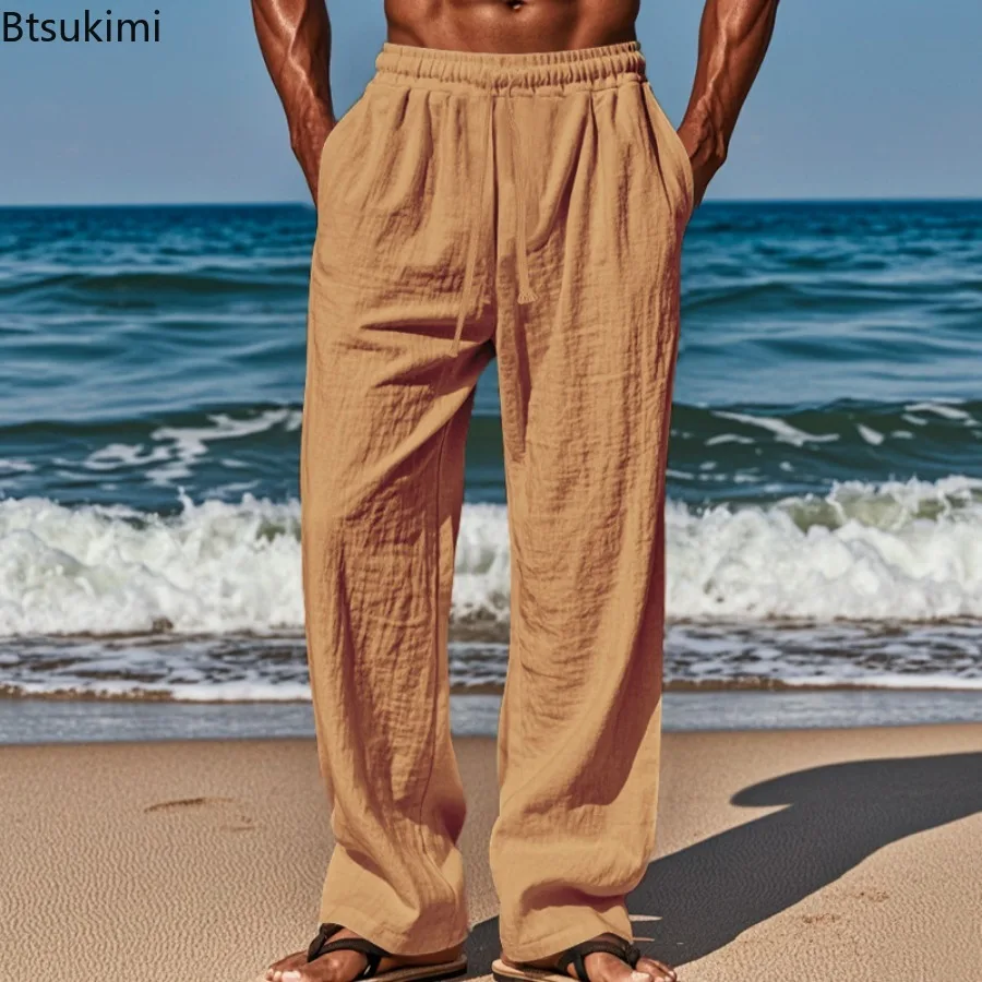 2025 Men's Fashion Cotton Flax  Pants Loose Fitting Casual Lace Up Trousers Summer High Waist Elastic Comfortable Casual Pants