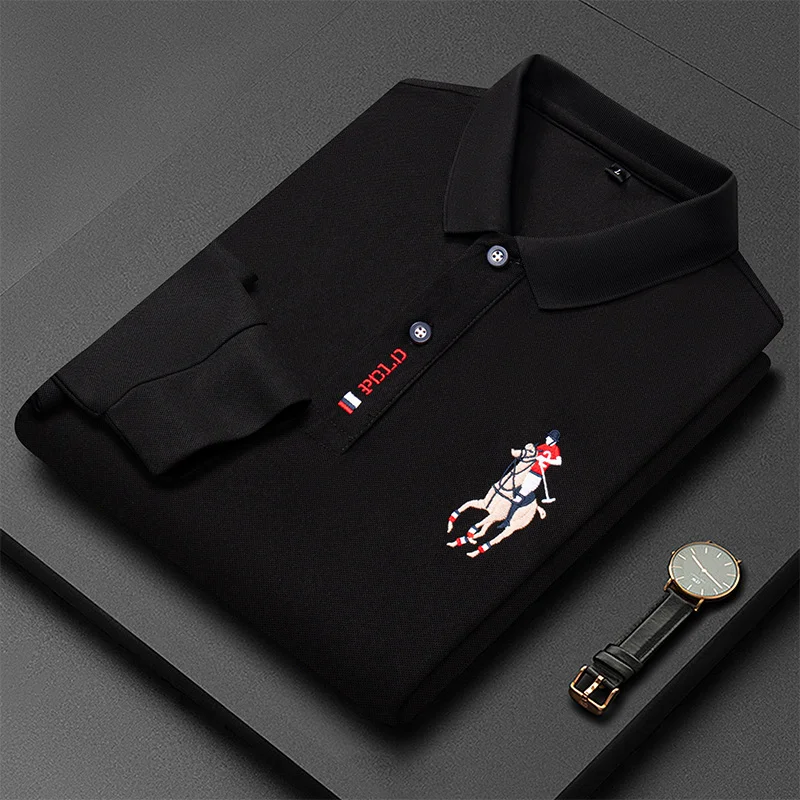 New Embroidery Men\'s Long Sleeve Polo Shirt Solid Color Lapel Breathable Casual Men\'s Long Sleeve Polo Shirt Plus Size Tops