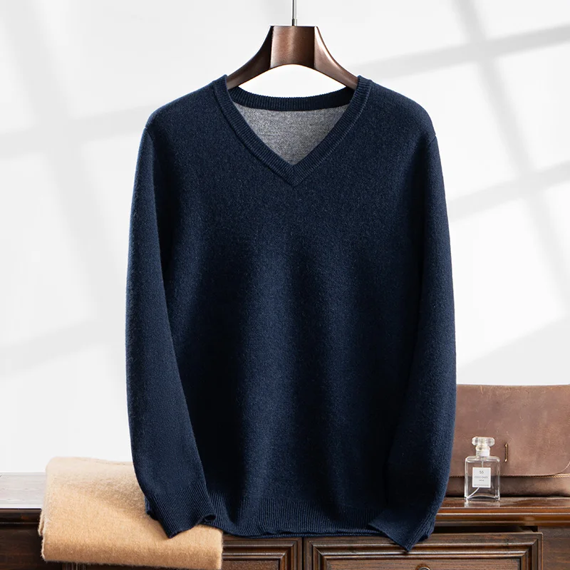 Fashion autumn and winter new 100% cashmere men's V-neck sweater loose pullover slim warm knit solid color long sleeve top