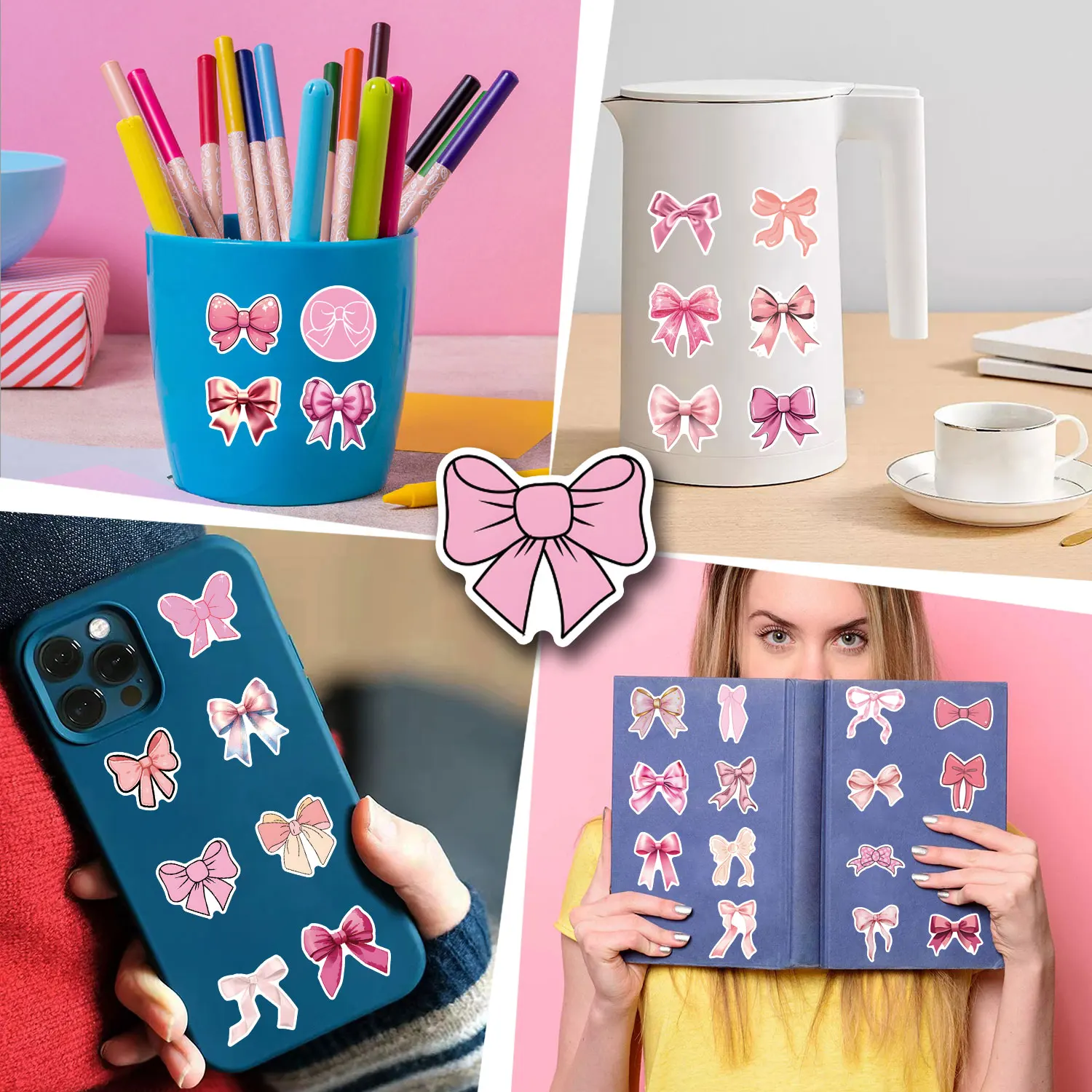 10/55PCS Cute Pink Bow Graffiti Stickers Decoration DIY Laptop Phone Guitar Fridge Skateboard Waterproof Sticker Classic Kid Toy