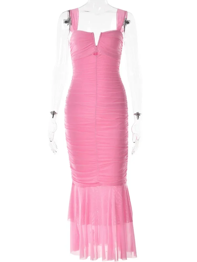 Vestido maxi vazado sem costas franzido para mulheres malha elegante alça espaguete sem mangas bodycon festa vestido longo