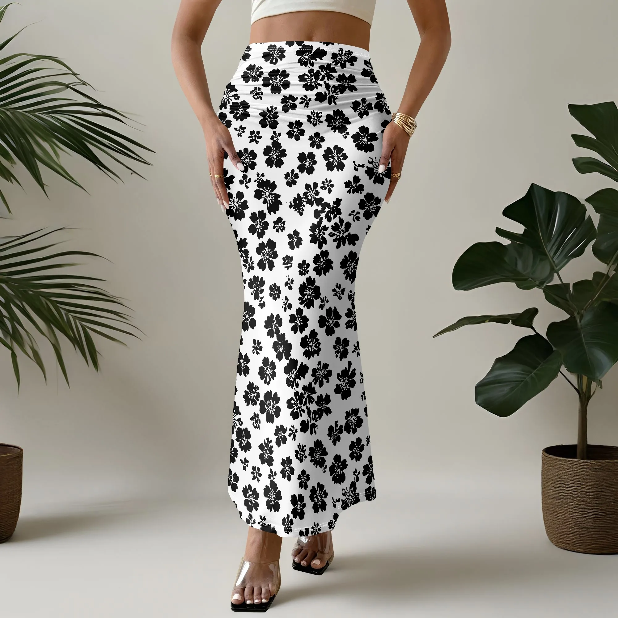 Floral Print Mermaid Skirt, Black Flower Pattern Midi Skirt, High Waist Bodycon Skirt for Women, Casual Party Beach Wear, S-3XL
