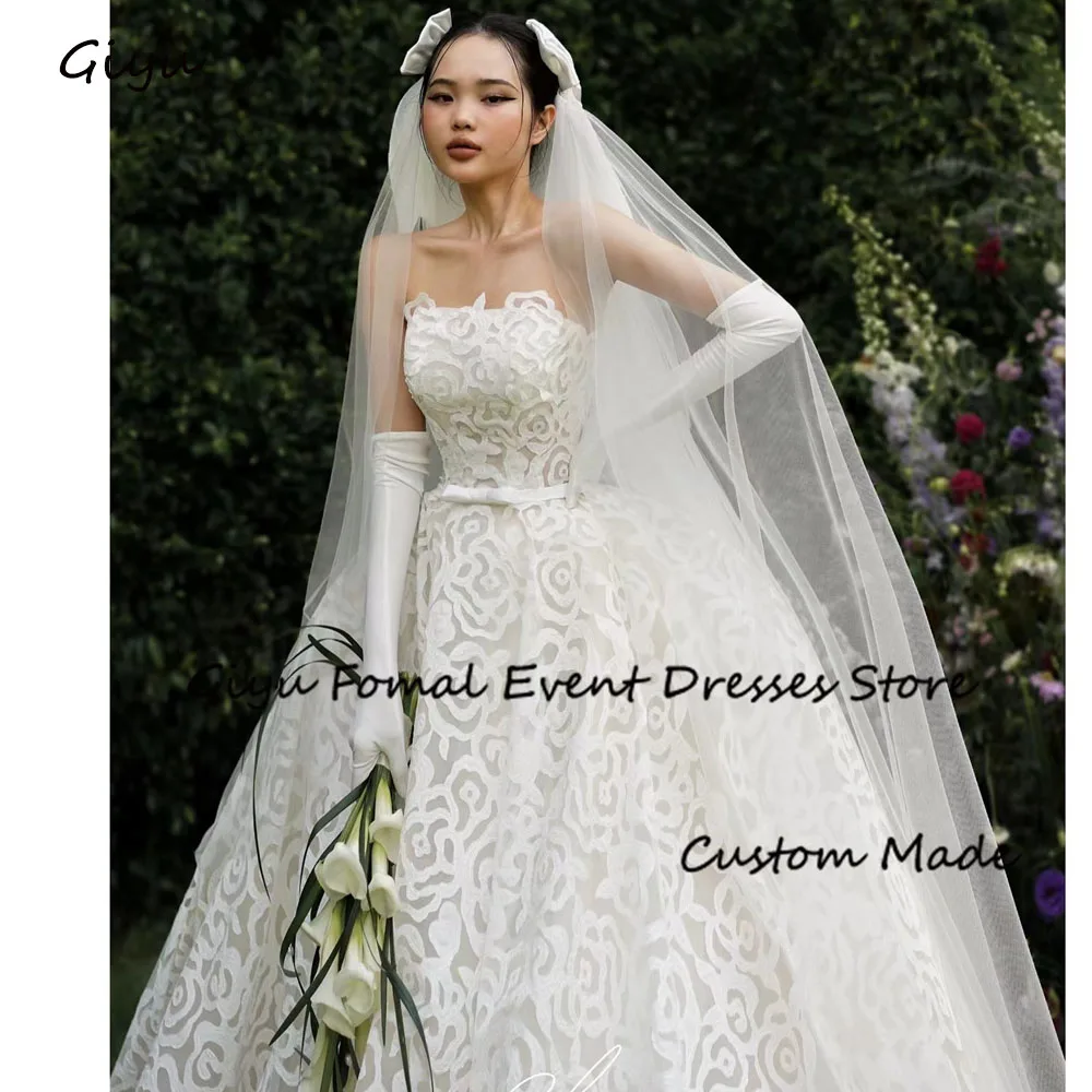 Giyu Exquisite Floral Lace Korea Wedding Dress Photoshoot Strapless Bow Floor-Length Vestidos Novias Boda 웨딩드레스