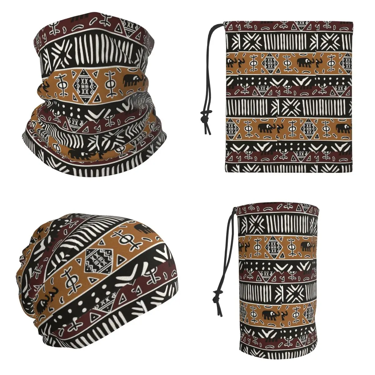 African Mud Cloth With Elephants Bandana Neck Cover Printed Face Scarf Multi-use Balaclava For Men Women Adult Winter