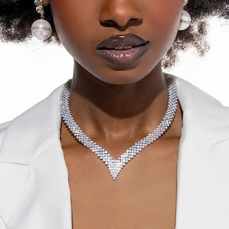 Stonefans Statement V Shape Rhinestone Necklace Choker for Women Shiny Multilayer Rhombus Necklace Collar Choker Jewelry Gift