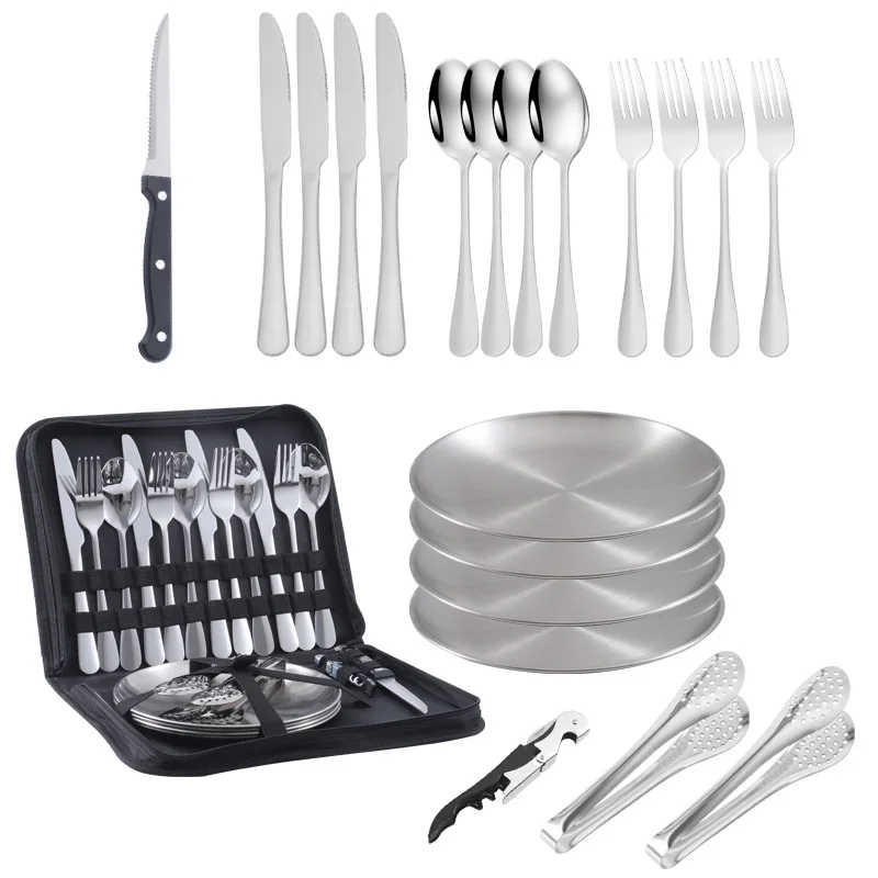 Imagem -05 - Stainless Steel Tableware Kit Combinação Portátil de Talheres Piquenique Cozinha Pratos Grupo Outdoor Camping Utensílio 10 Pcs 20 Pcs 304