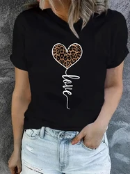 Black Leopard Print Heart-shaped Fashion Print Casual Women's Short Sleeved Shirt Harajuku Style Women's Top Round Neck T-shirt